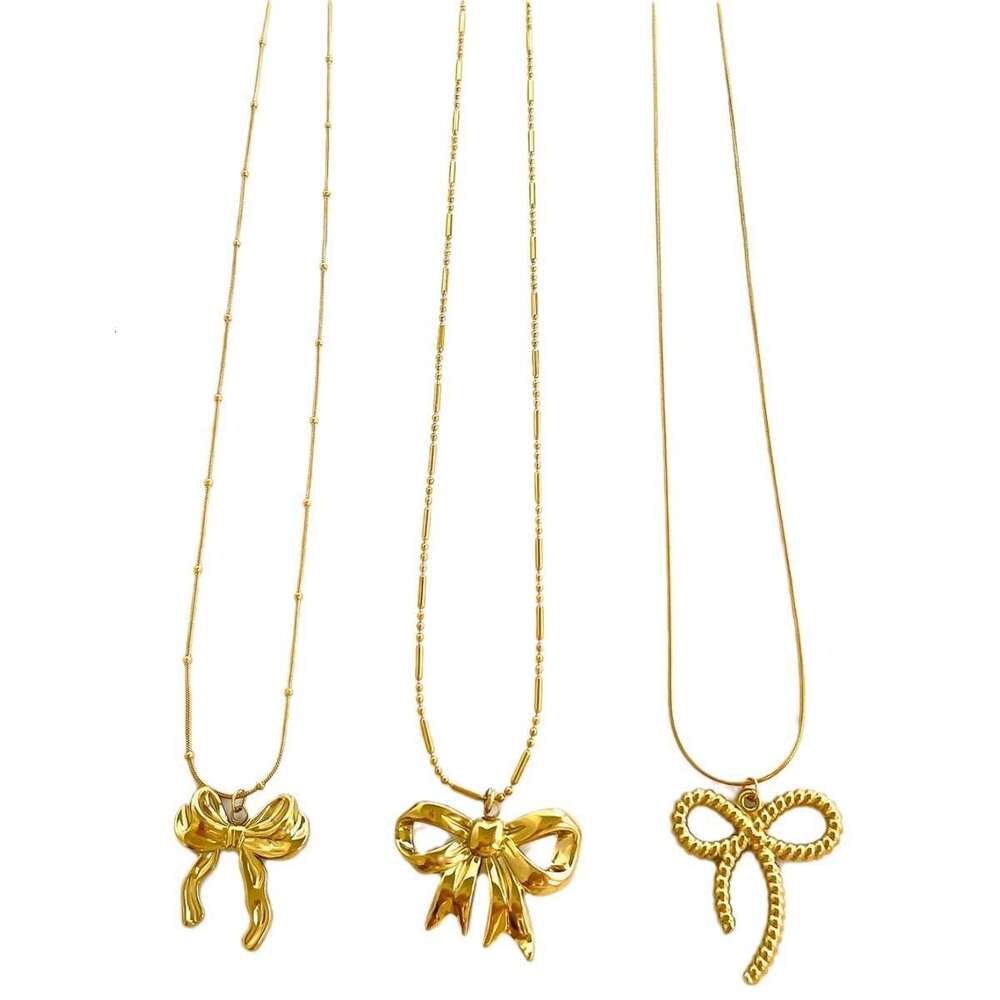 New stainless steel bow pendant necklace with metallic style light fashionable and high-end design for women's fashion