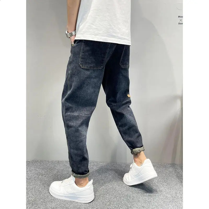 Mens Casual Denim Vintage Washed Loosefit Tapered Carrot Pants Autumn Streetwear Embroidered Jeans Baggy Jogger Harem 24