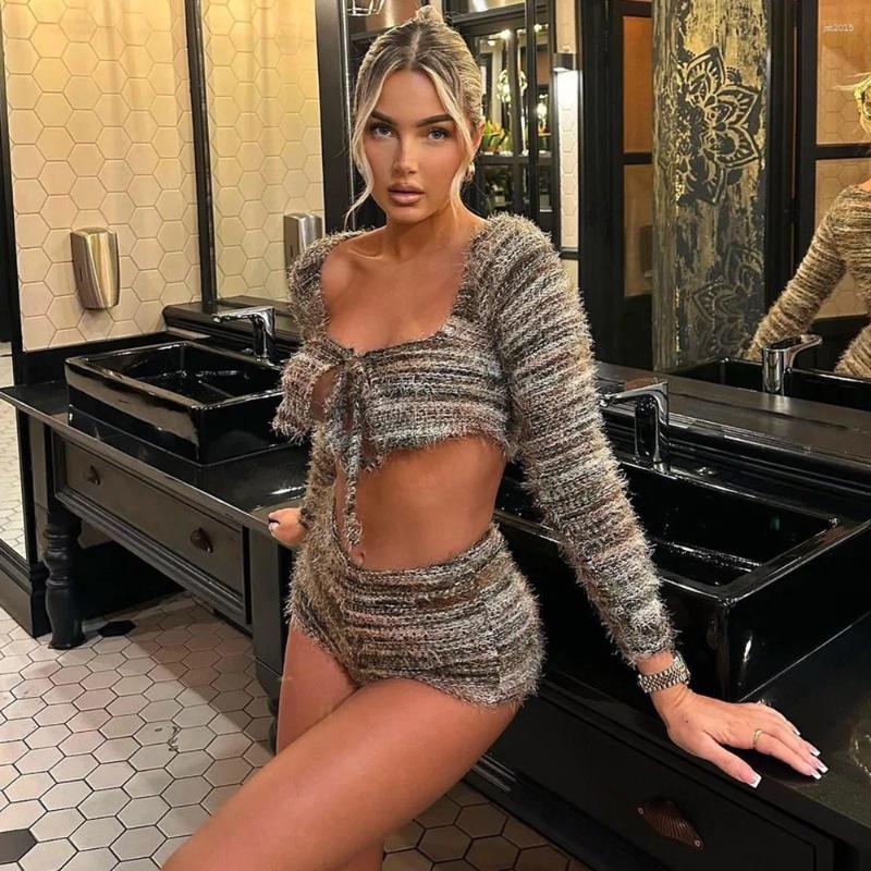 Womens Tracksuits Knitted Two Piece Pant Set Outfits 2024 Women Winter Clothes Elegant Luxury Sweater Tops Knitting Wear 2 Short Sets
