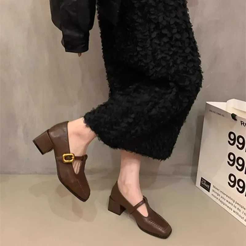 2024 New Womens Pump Mary Janes Short and Fat High Heels Office Clothes Brown and Black Womens Shoes Fashion Shoes Y241014