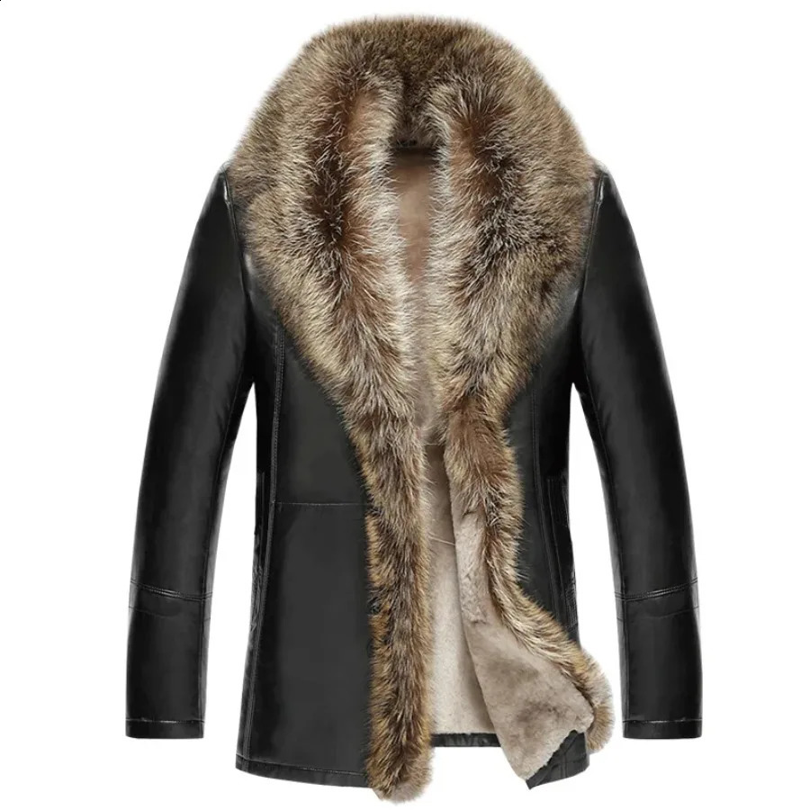 Mens Leather Jacket with Real Raccoon Fur Collar Winter Thicken Coat Jaqueta De Couro Chaqueta Men PU Leather 241007