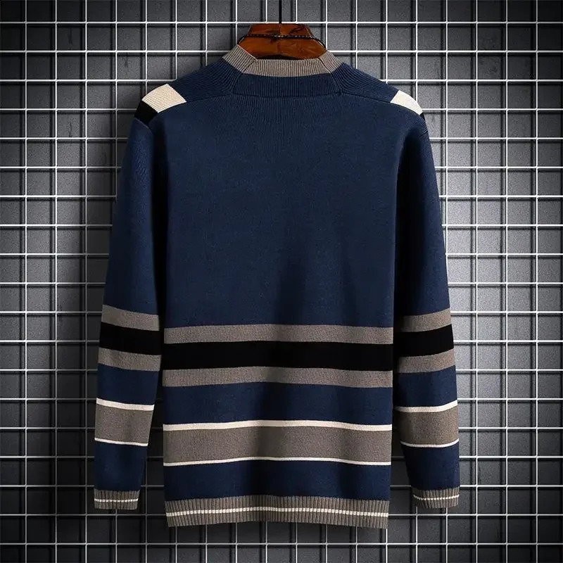 Knitted sweater mens coat cardigan mens clothing jacket striped V-neck blue plus size warm casual winter Y2k retro A X 241007