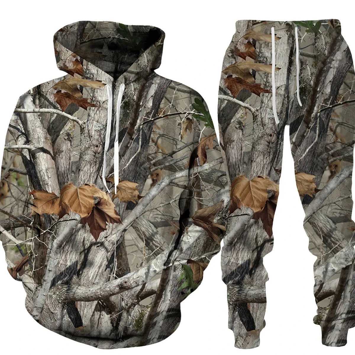Spring Autumn Leaves Camouflage 3D Hoodies Women Man Tracksuit Outdoor Sportwear Men Clothing Suits Oversized Hoodie Pants SetXJ241015