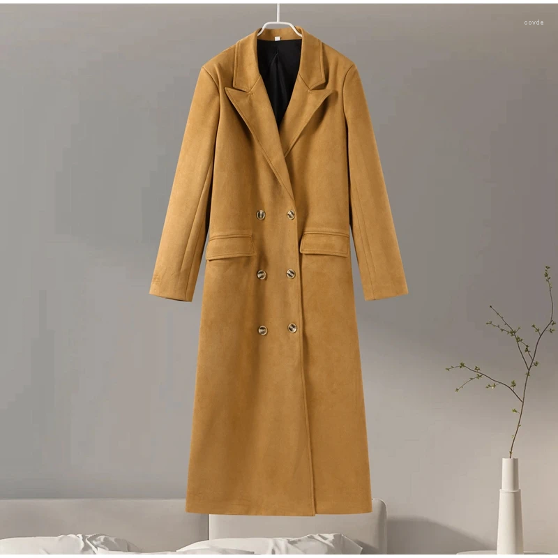 Elegant Suede Leather Long Trench Coats For Women - Chic Lapel Double Breasted Lady Oversized Jackets