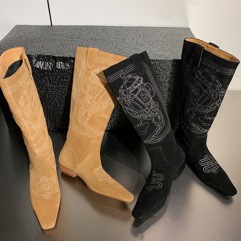 ddmytiger outdoor Short Women's New High Quality Suede Square Head Embroidered Low Heel Long Modern Calf Boots A ddmythur