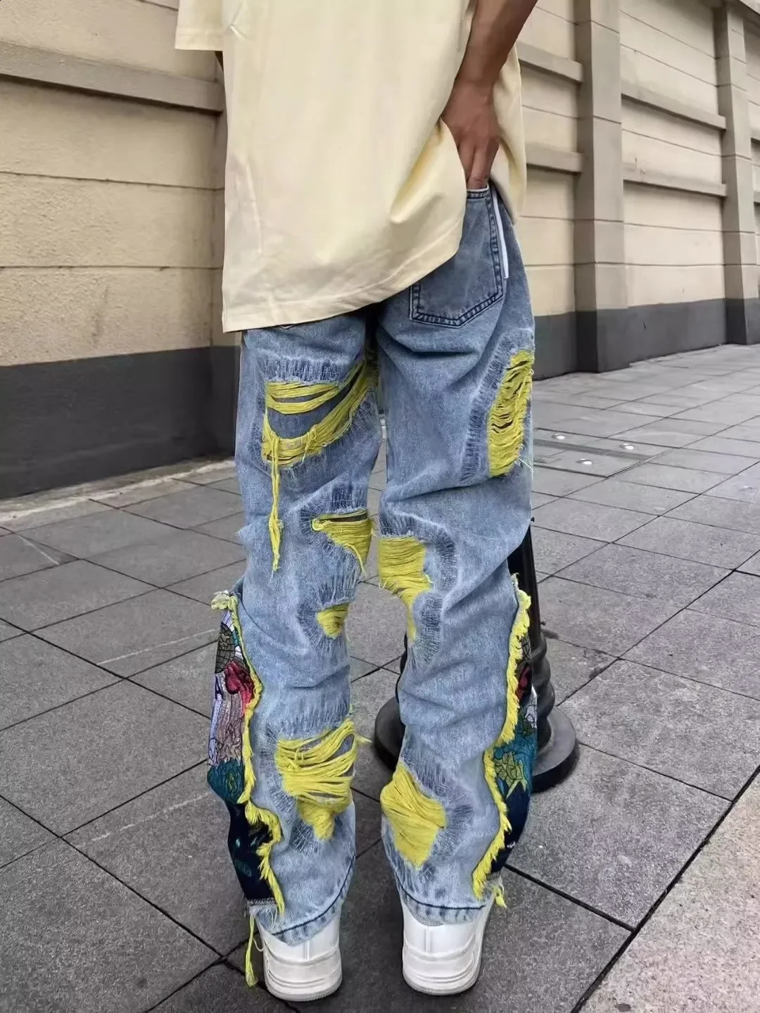American retro hip-hop embroidered Dilapidated jeans fashion Y2k High Street Japan Streetwear mens pants trend mens clothing 241007