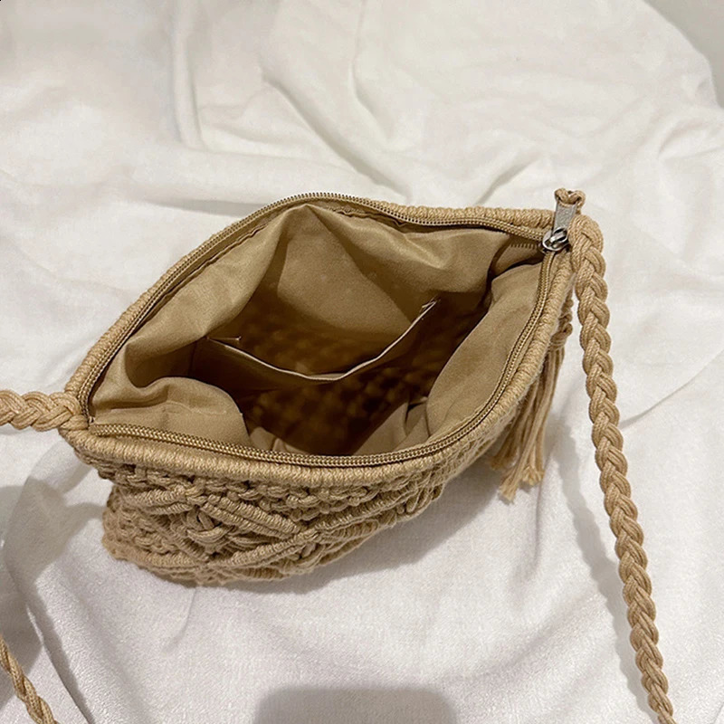 Womens crocheted shoulder bag tassel Bohemian solid color hollow hand woven cross shaped messenger handbag 241014