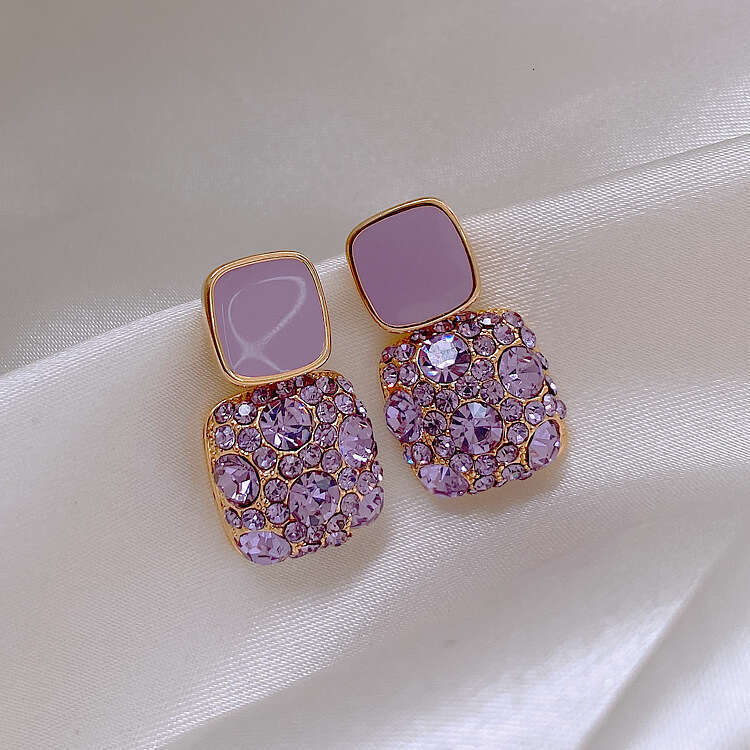 Retro purple square full diamond dripping oil earrings 2024 new trendy temperament internet famous earrings for women high-end designer gift party fre
