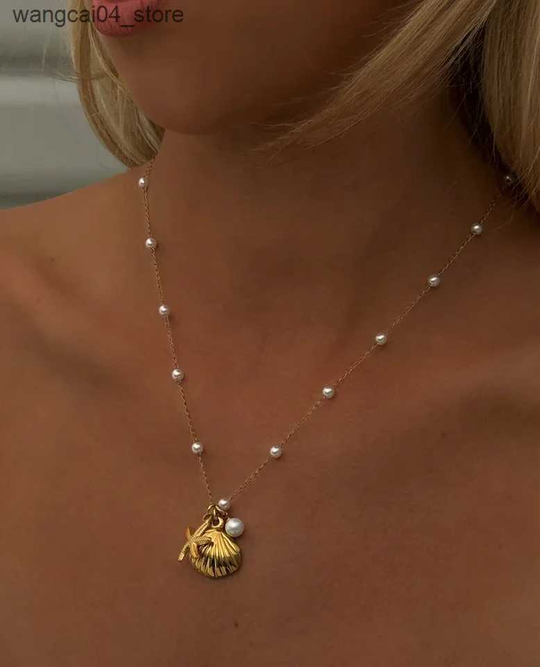 Chokers Uworld Starfish Shell Pearl Necklace for Women Seaside Holiday Elegant Waterproof Pendant Stainless Steel Jewelry Gift New L240910