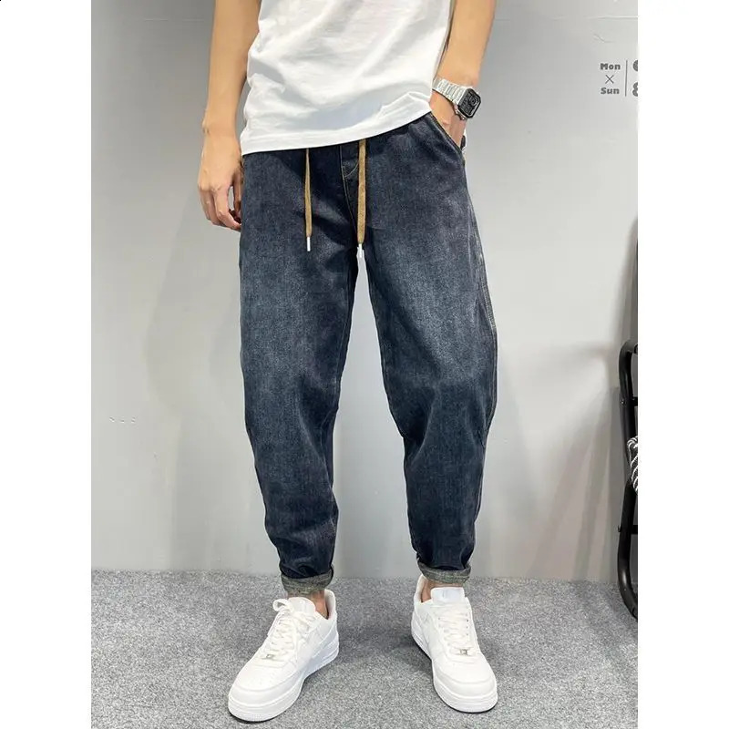 Mens Casual Denim Vintage Washed Loosefit Tapered Carrot Pants Autumn Streetwear Embroidered Jeans Baggy Jogger Harem 24