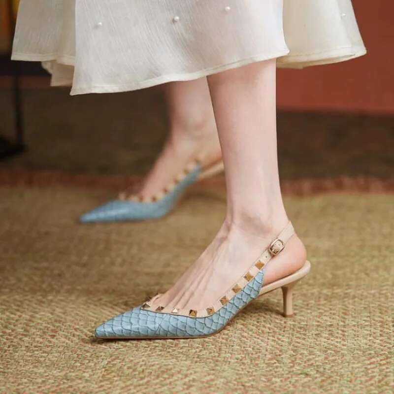 Women Sandals Rivets Pointed Toe Sgbac Patent Leather Mid Heels Pumps Blue Snakeskin Pattern Slip on Sandalias Mujer