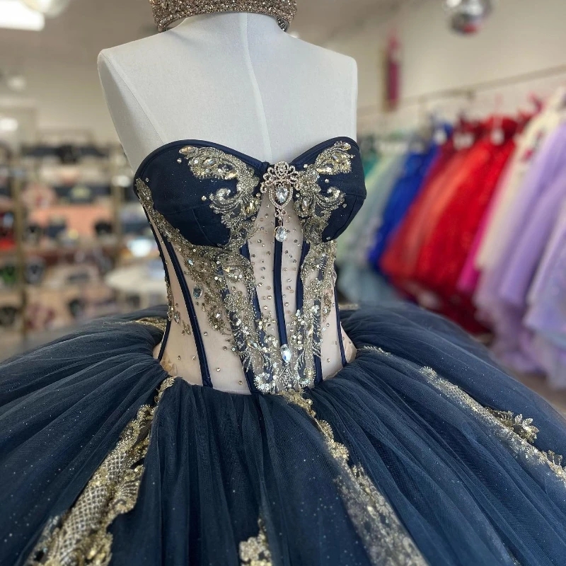 Navy Gorgeous Blue Quinceanera Dresses Gold Applique Beads Tull With Cape Ball Gown Princess Birthday Party Sweet Vestidos De Anos