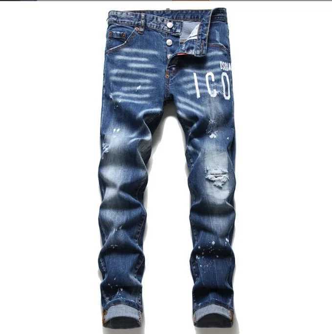 Men's Jeans European and American mens new open top splash MMS elastic slim fit printed jeans suitable for autumn/winter 2024 Y2410151FUN