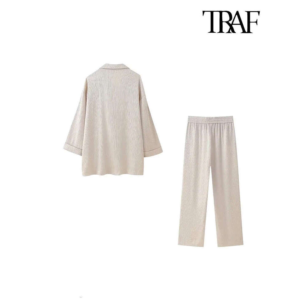 Traf-Women's Double-Breasted Loose Blazer Coat And High Elastic Waist Wide Leg Pants, Female Two Piece Sets, Fashion