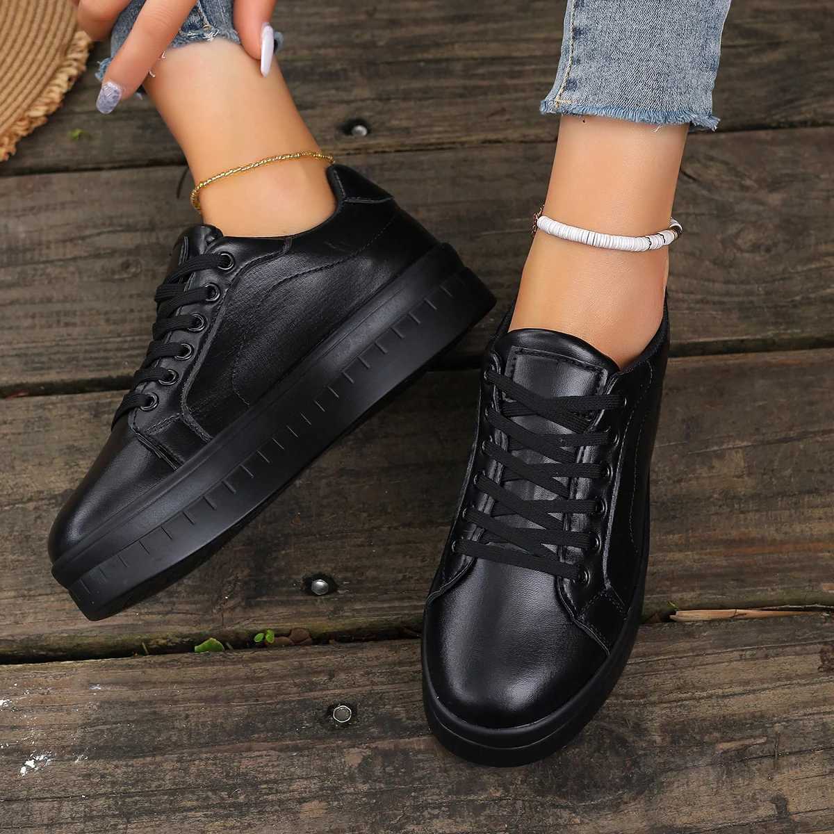 Women Leather Platform Shoes Fashion Solid Color Chunky Heel Sneakers Casual Flat Sports Shoes Designer Shoes Zapatillas MujerLX241015