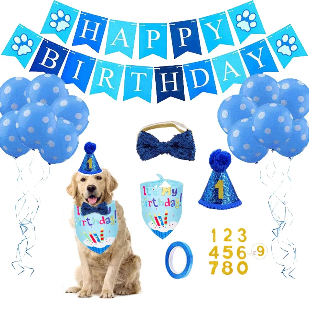 Pet Birthday Set with Golden Sequins Hat Bandana Birthday Party Banner Decoration Bow Tie Cat Dog Toys Festive Party Accessories