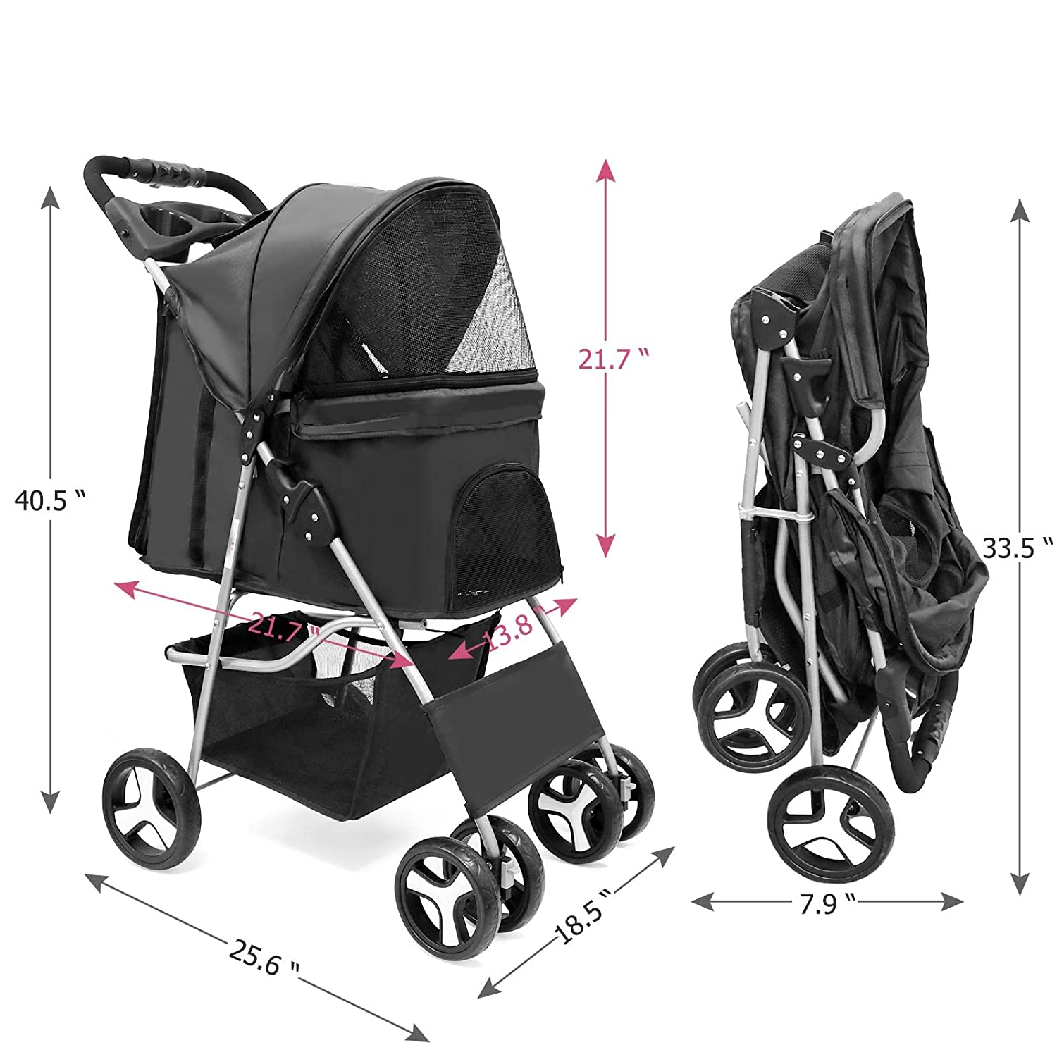 4 Wheel Foldable Cat Dog Stroller with Storage Basket, Handle 360 Front Wheel Rear Wheel with Brake for Small Medium Dogs