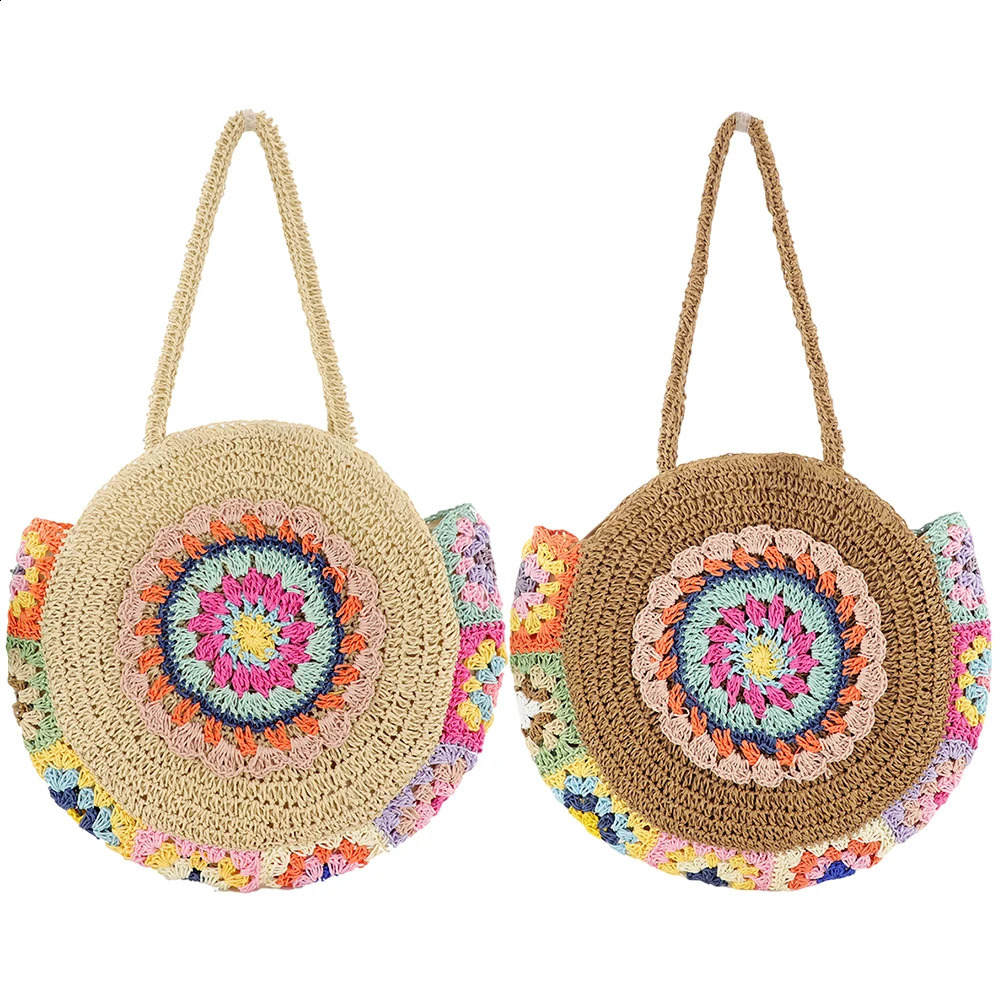 Womens Summer Beach Bag Round Straw Handbag Woven Shoulder Large Capacity Ethnic Style Travel Vacation 241014