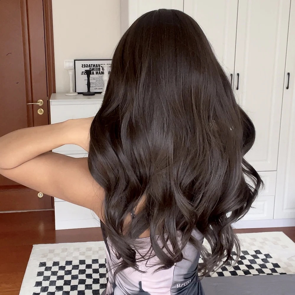 Deep brown long wavy synthetic wig with bangs natural wavy hair cosplay party daily use of heat-resistant fiber wig for women 241015