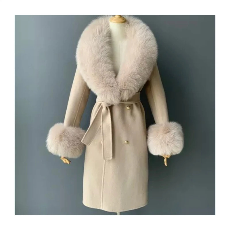selling leather coat cashmere wool blend X long winter jacket womens natural fox fur collar cuffs streetwear 241015