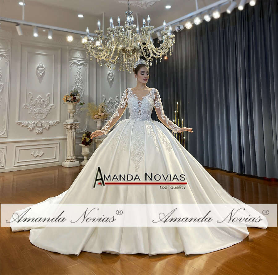 Long Sleeves Satin Wedding Dress Ball Gown