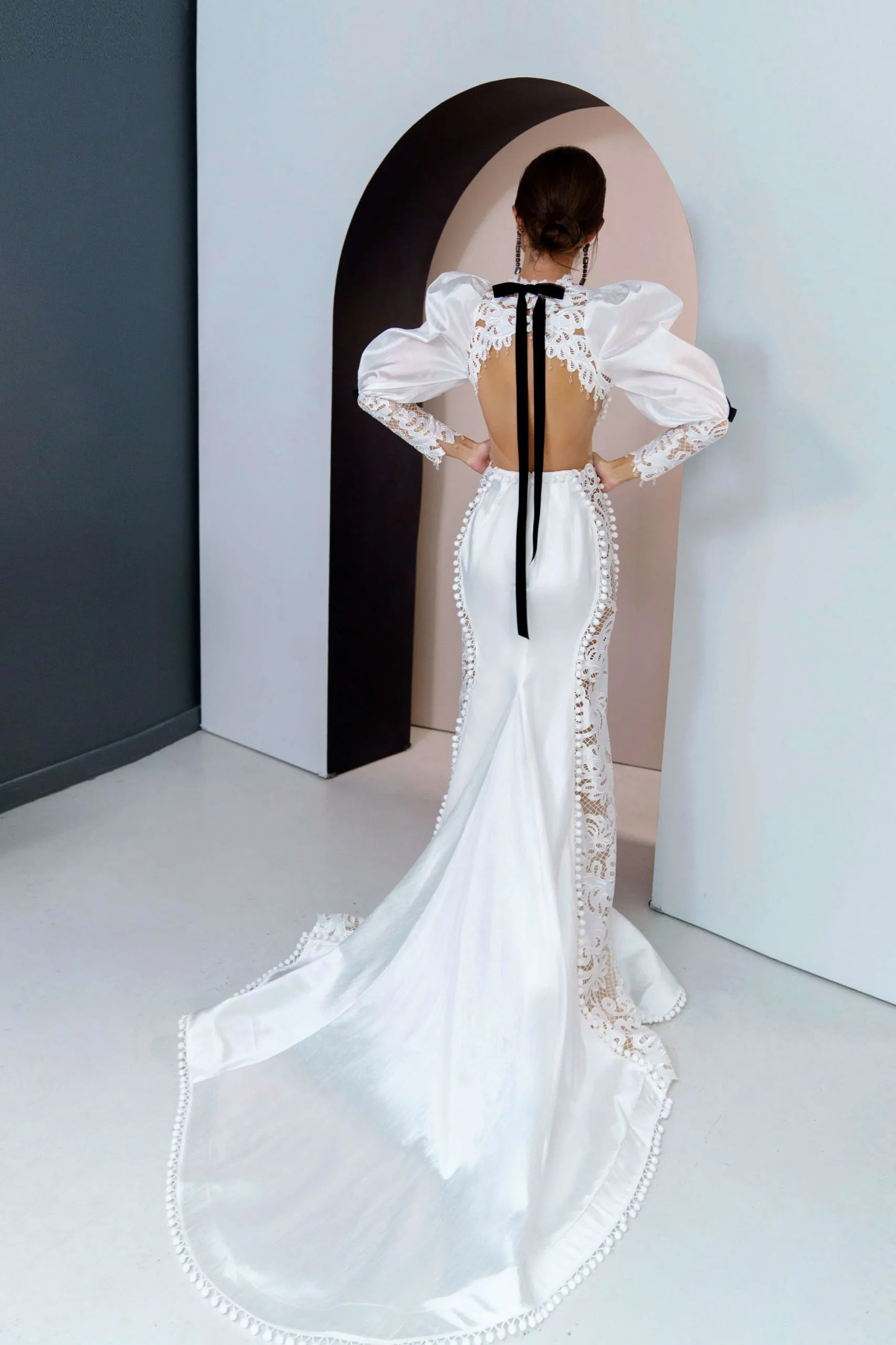 White Mermaid Wedding Dress, Long Sleeve, High Neck, Backless, Custom Made Bridal Gown