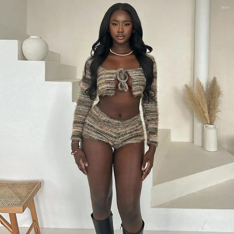 Womens Tracksuits Knitted Two Piece Pant Set Outfits 2024 Women Winter Clothes Elegant Luxury Sweater Tops Knitting Wear 2 Short Sets