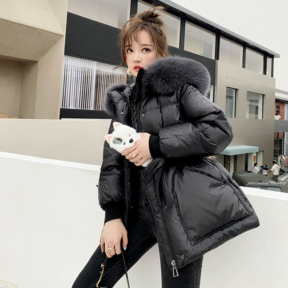 2023 Winter Down Cotton Jacket Womens Big Fur Collar Coats Hooded Parka Thicken WARM Female Midlong Overcoat 241011
