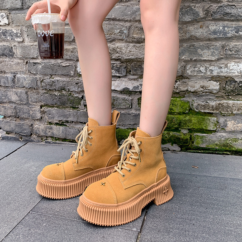 ddmytiger outdoor Short Women New High Quality Suede Round Head Lace up Thick Sole Street Modern Yellow Ankle Boots A ddmythur