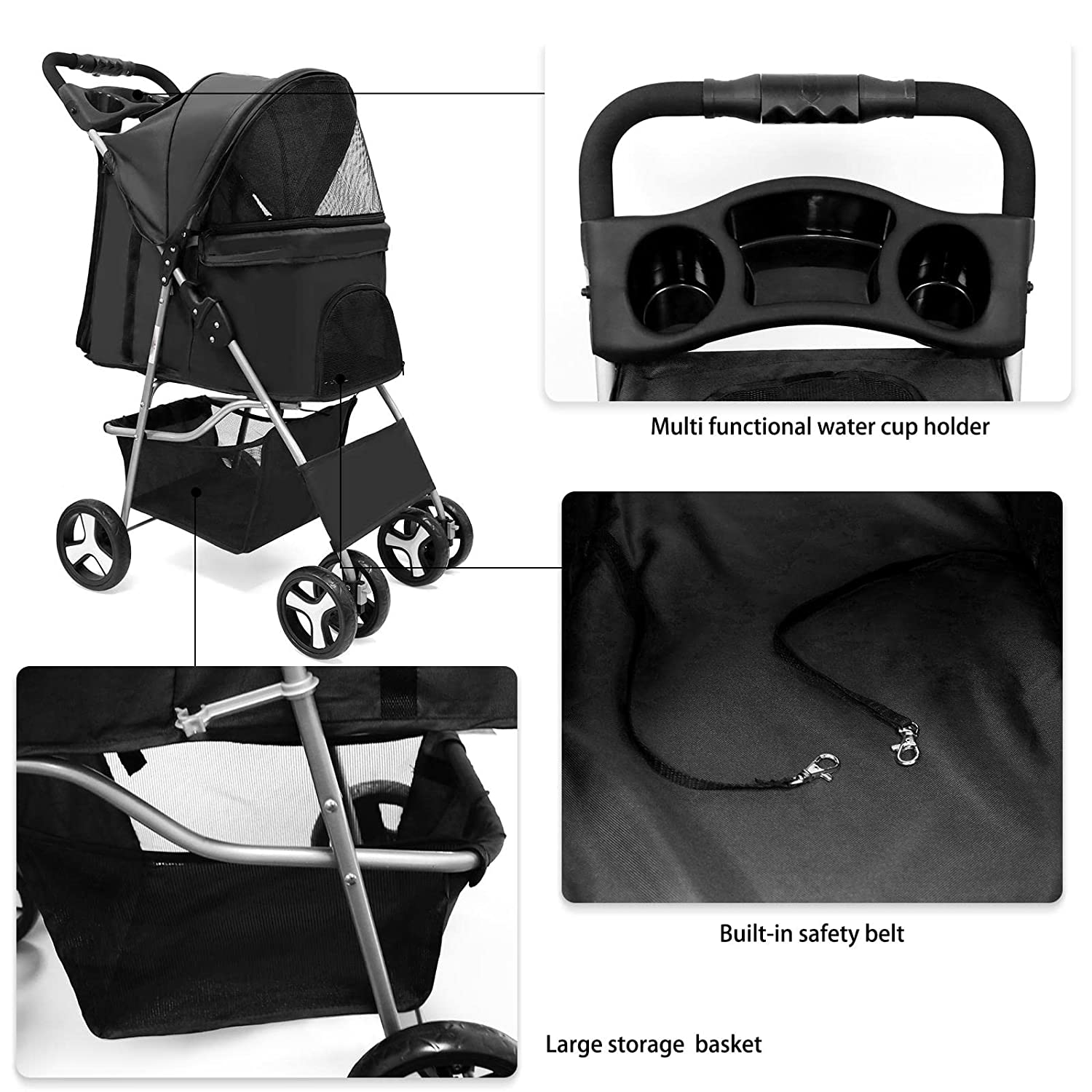 4 Wheel Foldable Cat Dog Stroller with Storage Basket, Handle 360 Front Wheel Rear Wheel with Brake for Small Medium Dogs