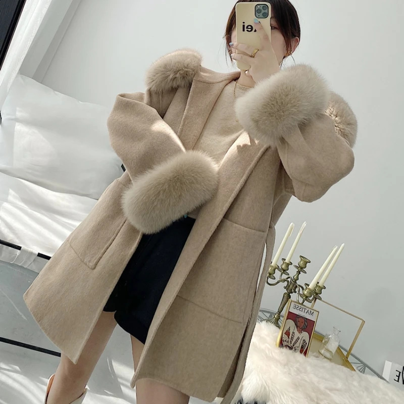 size womens coat genuine leather coat winter jacket womens natural fox fur collar cuffs hood cashmere wool 241015