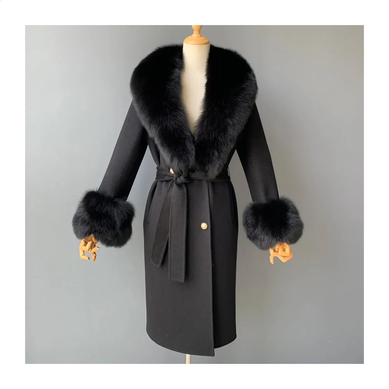 selling leather coat cashmere wool blend X long winter jacket womens natural fox fur collar cuffs streetwear 241015