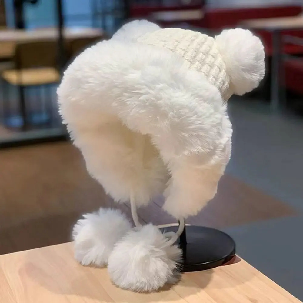 Women Winter Warm Kawaii Fox Fur Mink Plush Hat Thickened Cute Bear Ear Japanese Bomber Hat Ear Protection Cosplay Cap 241014