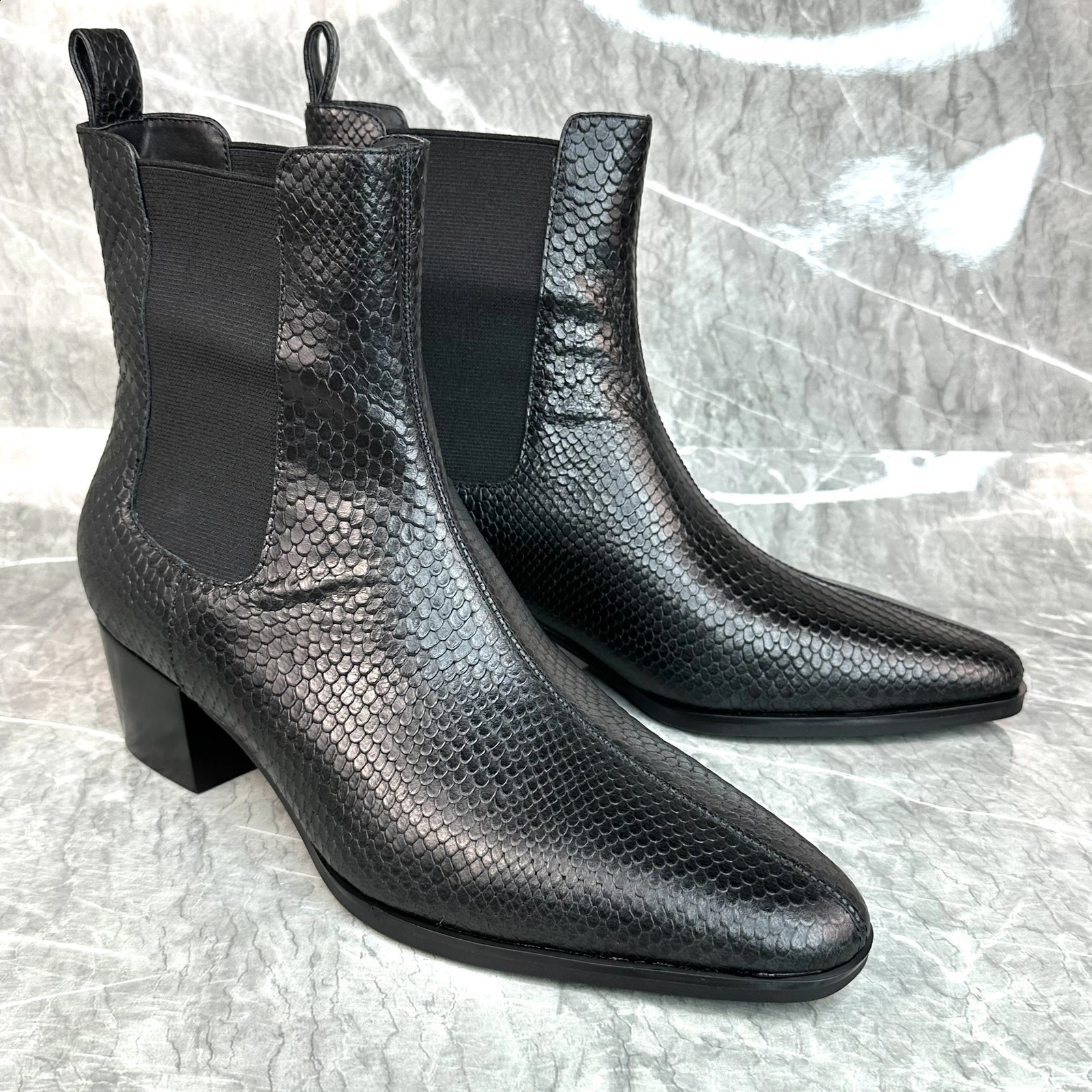 Snakeskin Western Style Chelsea boots mens Pointed Toe handmade retro shoes leather short fashion 241014