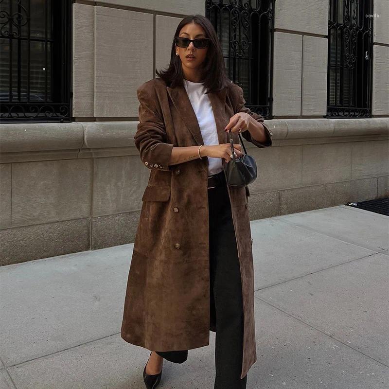 Elegant Suede Leather Long Trench Coats For Women - Chic Lapel Double Breasted Lady Oversized Jackets