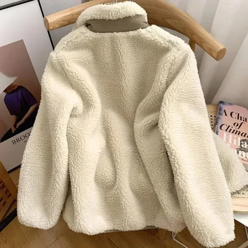 Autumn and winter Japanese mens womens wool standing collar jackets couples zippers loose warm solid color 241014