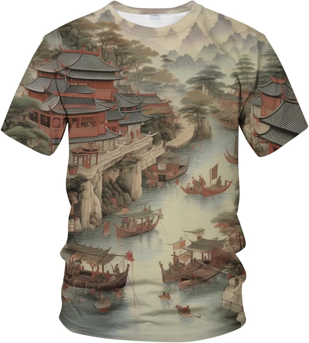 Mens T shirt Dream Ink Landscape Painting Shirt Retro Art Painting Color Summer Casual tops summer clothes Trendy Fashion