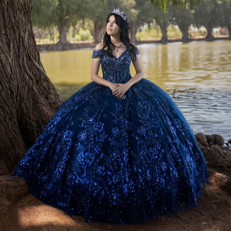 Blue Navy Shiny Princess Off Shoulder Quinceanera Dresses Sequin Lace Applique Beads Tull Sweet Dress Ball Gown Vestidos De Anos D