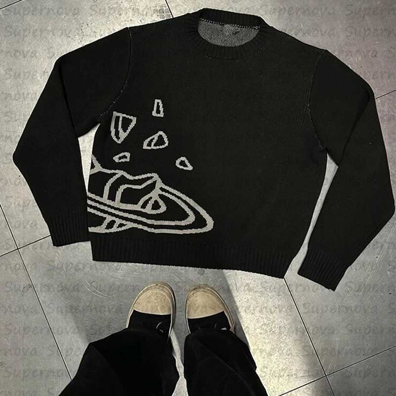 Men's T-Shirts Mens and womens knitted zipper planet universe star black warm top loose and comfortable youth clothing Y2KF 2024 Y2410151HLB
