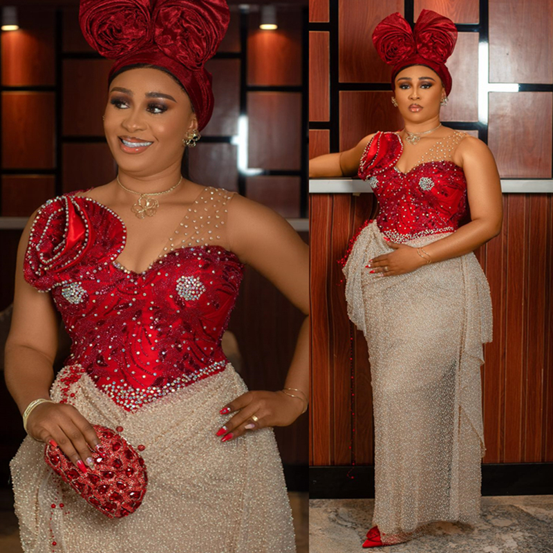 2024 Classic African Aso Ebi Prom Dress Red & Gold Evening Dresses For Special Occasions V Neck Illusion Beaded Sequined Lace Birthday Dress Reception