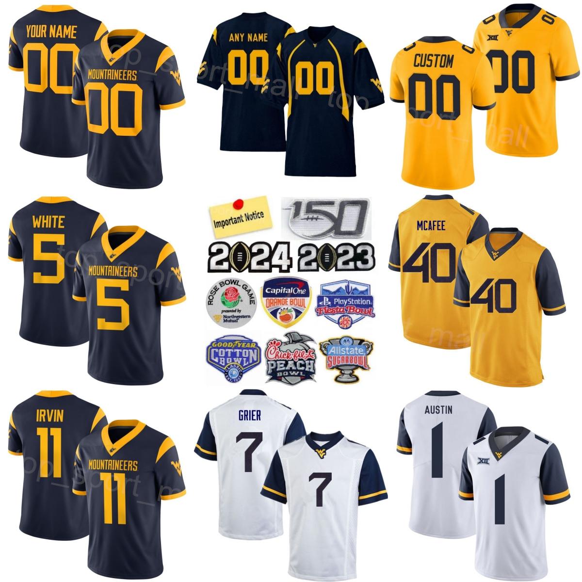 Custom Football College 1 Tavon Austin Jerseys Man Kids Women 5 Pat White 10 Steve Slaton 9 Major Harris 11 Bruce Irvin 40 Pat McAfee 7 Will Grier Team University WVM