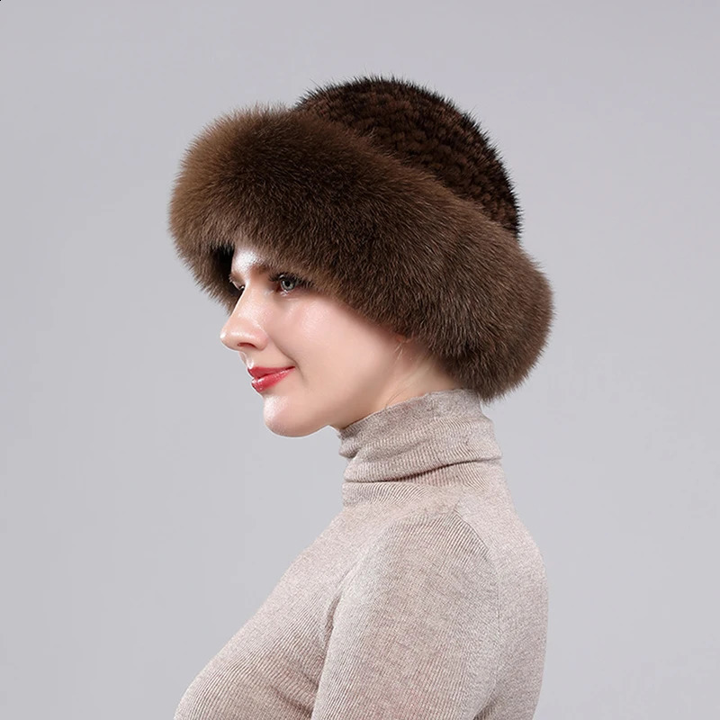 2024 Girls Quality Soft Genuine Mink Fur Hats Women Winter Knitted Real Mink Fur Bomber Hat Natural Warm Fox Fur Cap 241014
