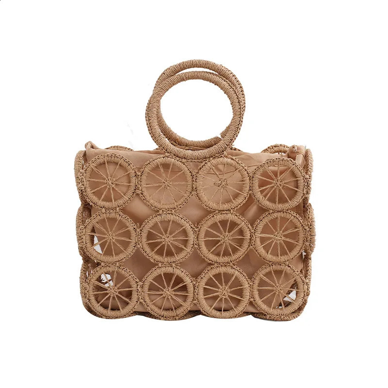 Paper rope woven wheel bag crossed boundary hollow large capacity circular tourism beach handbag 241014