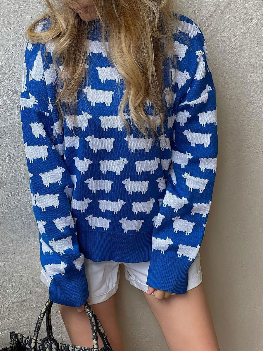 Elegant Women Sheep Printing Sweater Warm Knitted Classic O-Neck Pullover Tops Autumn Winter 2024 Streetwear Sweater
