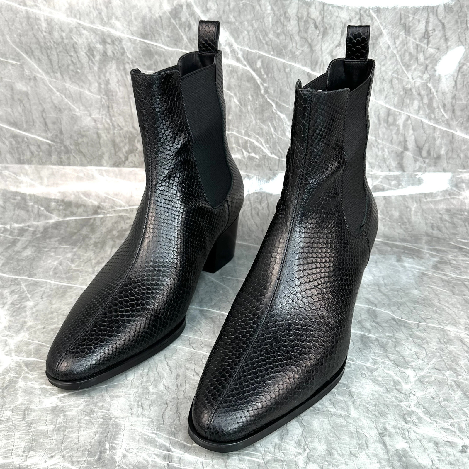 Snakeskin Western Style Chelsea boots mens Pointed Toe handmade retro shoes leather short fashion 241014