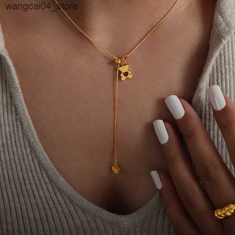 Pendant Necklaces New Bear Pendant Heart Necklace For Women Stainless Steel Gold Plated Chain Fashion Neck Jewelry Accessories Party Gift Sale L240910 - view 4