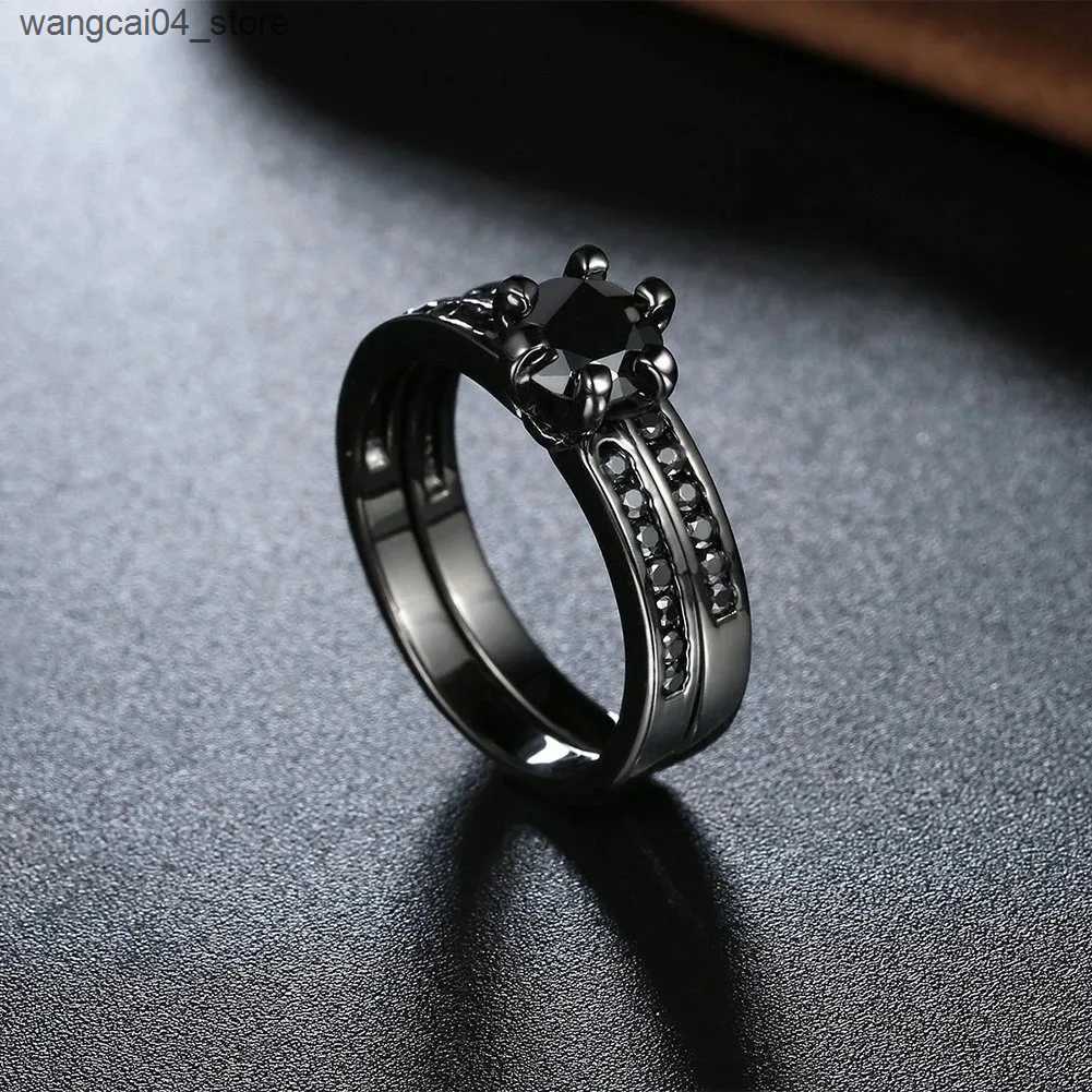 Couple Rings Fashion couple ring womens black Rhinestone zirconia ring set mens stainless steel zirconia ring wedding ring jewelry gift L240910