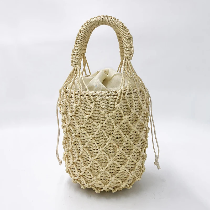 2 womens handbags grass rope mesh bag Bohemian summer beach handmade water bucket 241014