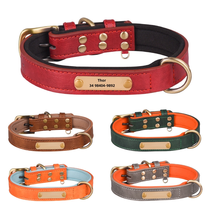 Custom Leather Dog Collar Soft Padded Dog Collars Personalized Pet ID Necklace Free Engraved Name Paw For Small Medium Dogs Pug