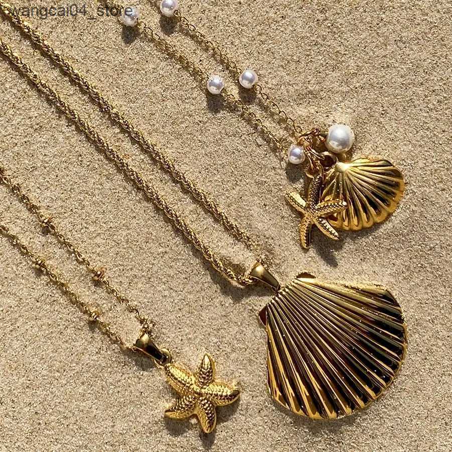 Chokers Uworld Starfish Shell Pearl Necklace for Women Seaside Holiday Elegant Waterproof Pendant Stainless Steel Jewelry Gift New L240910